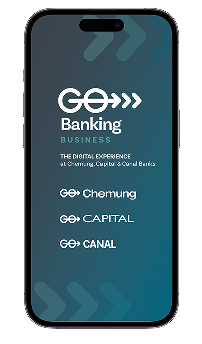 GoBankingBIZ-Phone-MockUp-smaller – Chemung Canal Trust Company  photo of a mobile phone with the GoBanking mobile app featured on its screen