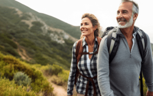 A man and woman are outside on a hike. They are wearing backpacks and they look happy.