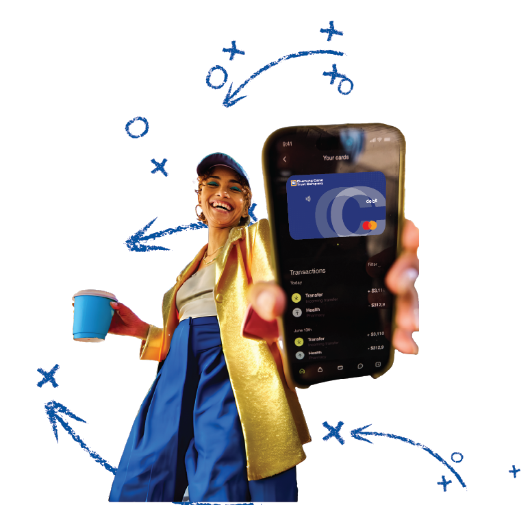 Women with phone showing CCTC card arrows in background