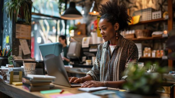 A woman is seated in a store working on her laptop computer
