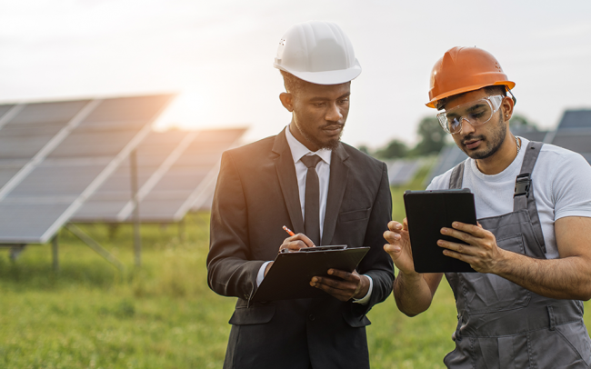 Business-Commercial-Loan-960×600 A man in a suit is working outdoor in front of solar panels with another man. Both are wearing hard hats.