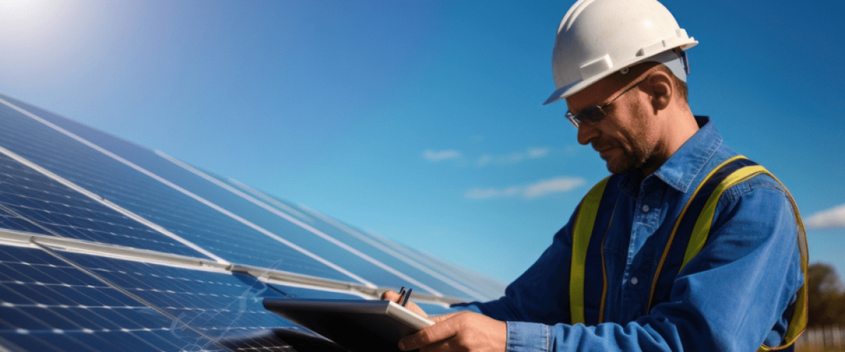 A man in a hard ha working on a wall of solar panels