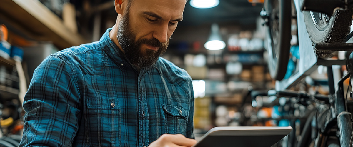 GoBanking-Business-960×600 A man works in a warehouse and he is looking at his tablet