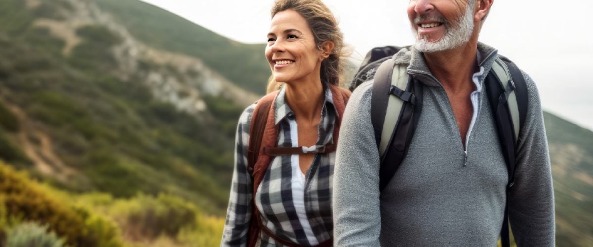 Personal-Savings-960×600 A man and woman are outside on a hike. They are wearing backpacks and they look happy.